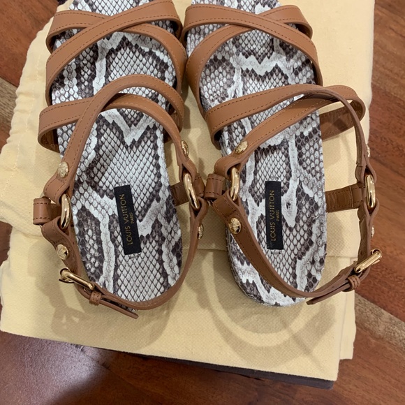 Louis Vuitton Python Sandals tan brown 36 6 snakeskin leather LV gold logo strap - Picture 13 of 16